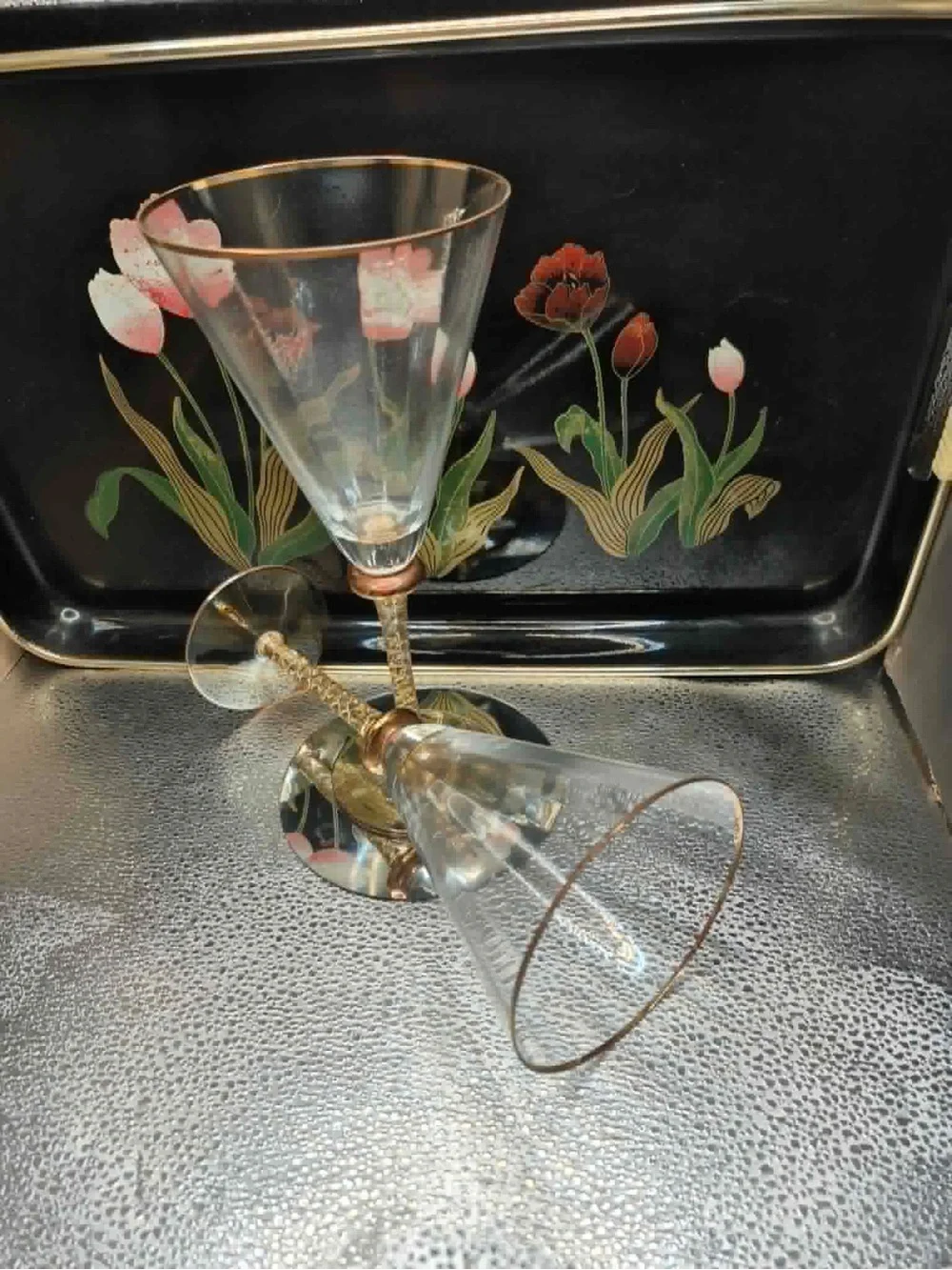 Retro MCM Crystal Glass Martini or Champagne Glasses Braided Stem STIL Romanian